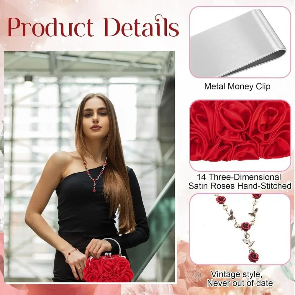 Women Rose Clutch Purse Jewelry Set Satin Evening Handbag Gift for Weddings